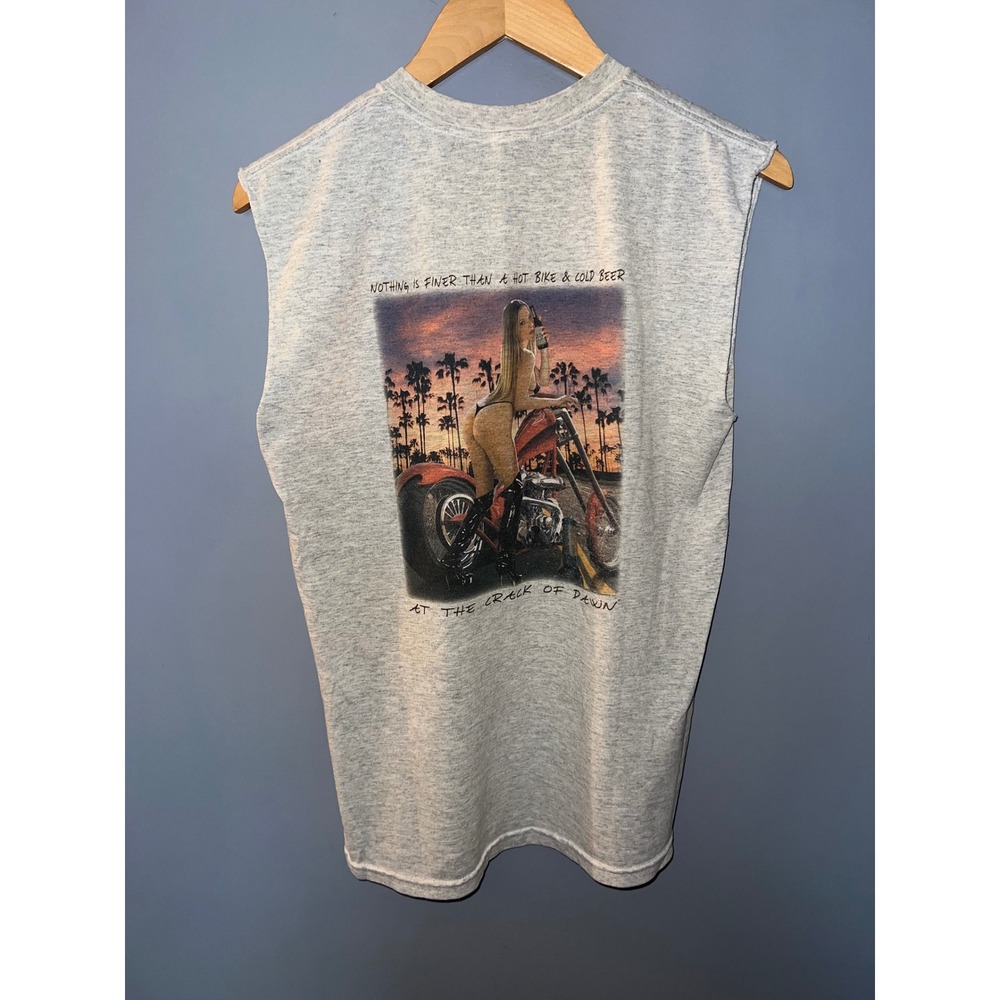 Vintage Style Biker Graphic Muscle Tee Heather Grey Hot Bike Cold Beer Tank Top‎